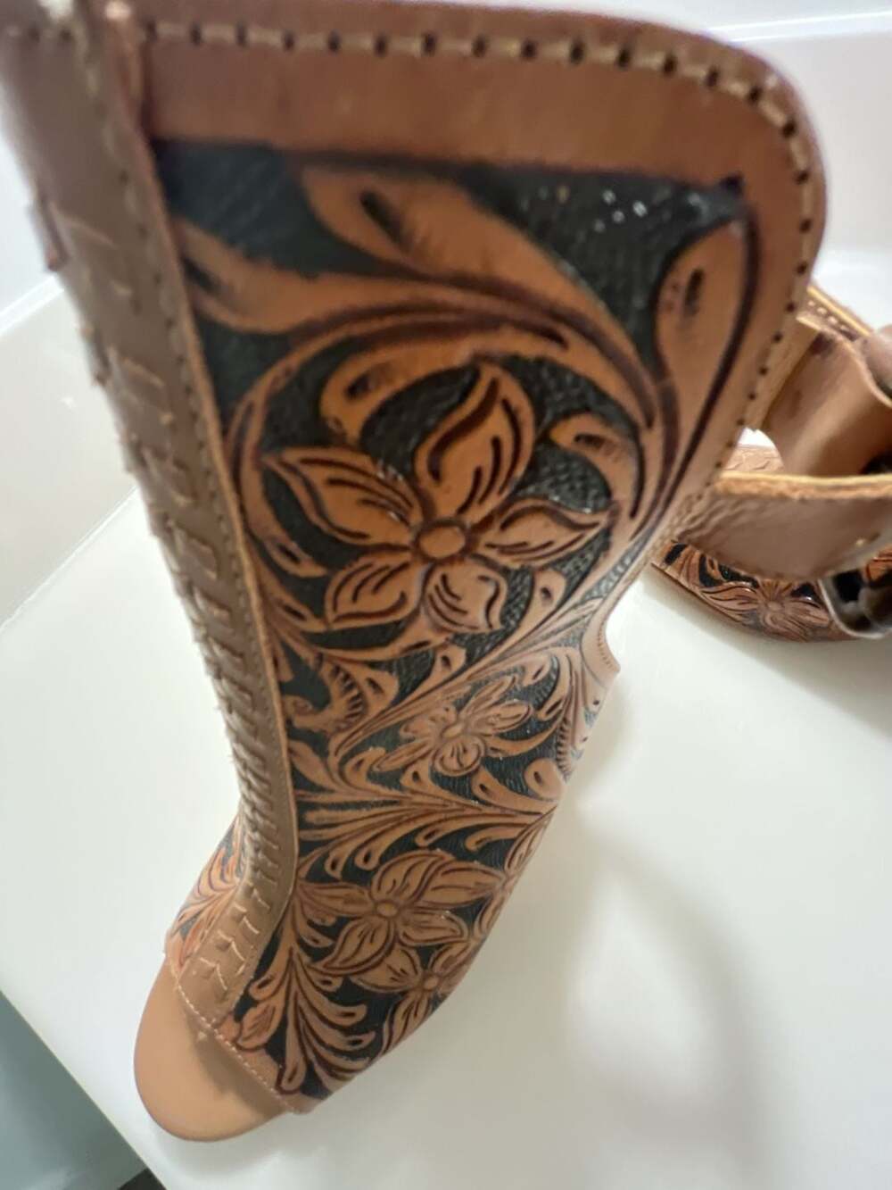 Myra Bag Dodge Town Hand-Tooled Leather Open Toe Heels - Picture 13 of 15